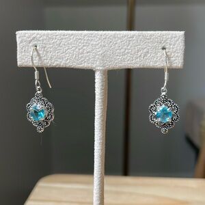 Vintage Blue Aquamarine Sterling Silver 925 60s Flower Hanging Earrings